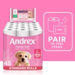 Andrex Family Soft Toilet Tissue 45 Rolls (Previously Andrex Gentle Clean) Gentle on your Family’s skin– Bulk Pack of 45 Toilet Rolls, FSC Certified